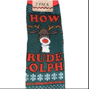 2-Pk Of X-Mas Reindeer Socks & Plaid -Green & Red Mens High Socks “How Rude Off”
